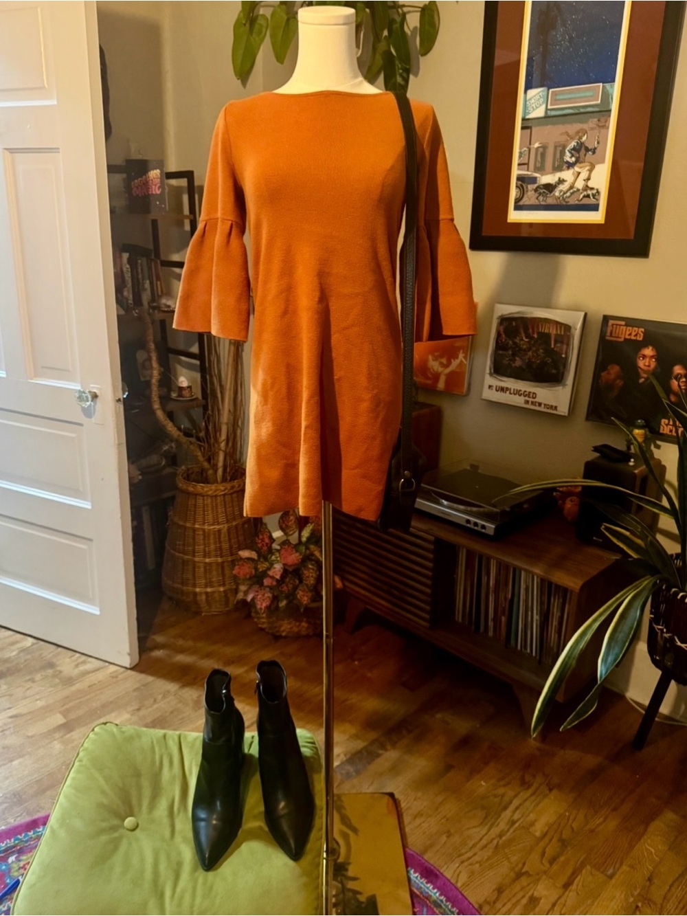 Women's Bell Sleeve Anthropology Mini Dress in Burnt Orange